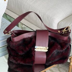 Chic Burgundy Italian Leather and Fur-Accent Satchel